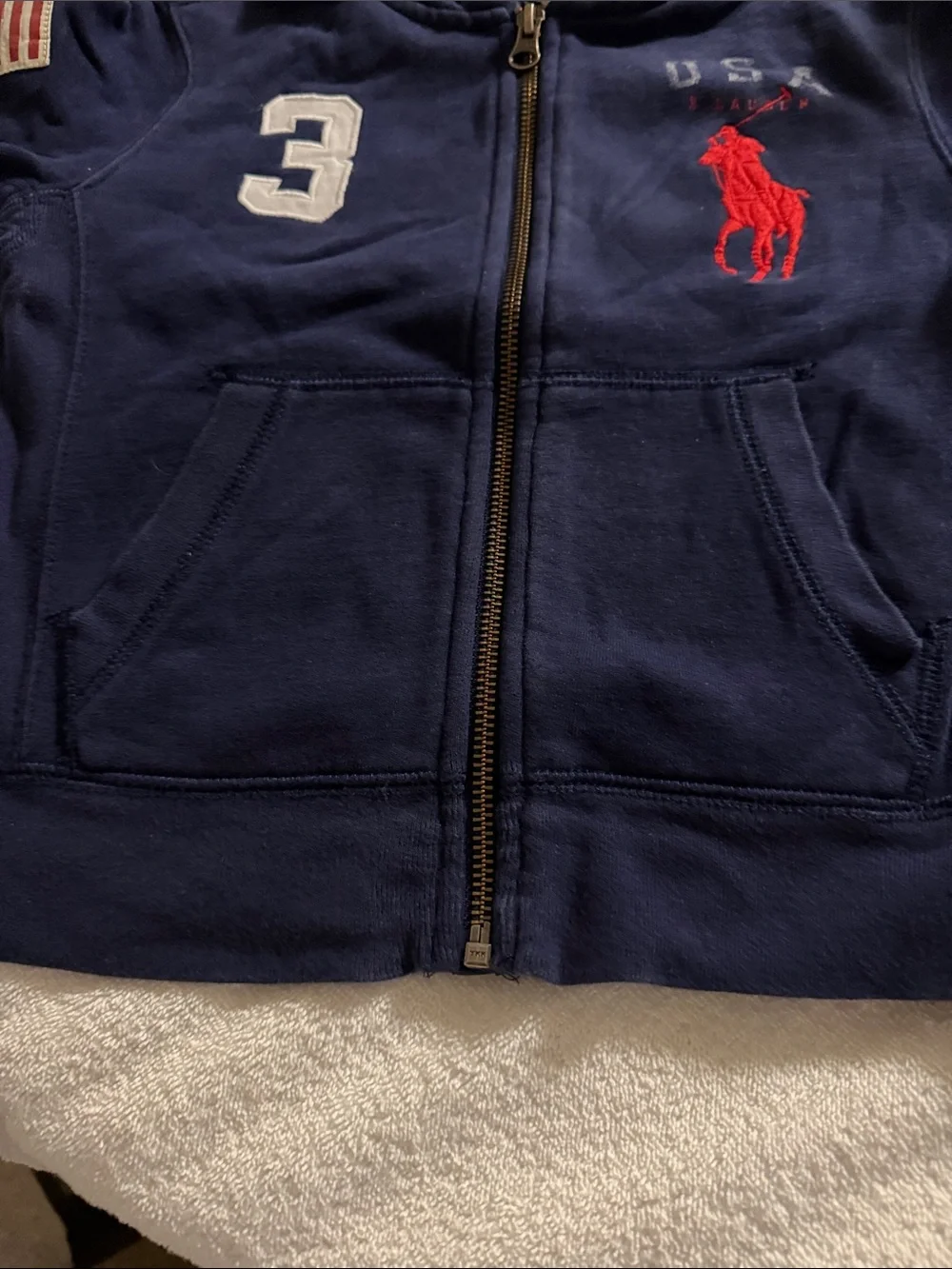Ralph Lauren Navy Zip-Up Hoodie with Red Pony & USA Patch - Kids
